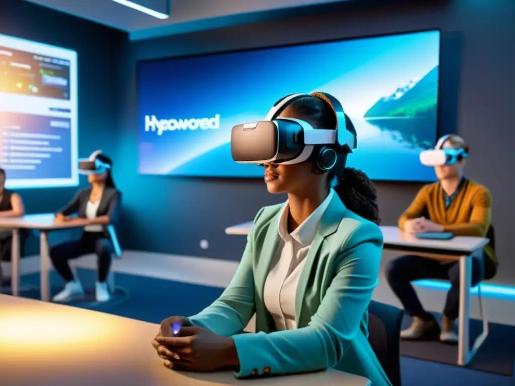 Integración de inteligencia artificial en educación: Estudiantes usando auriculares de realidad virtual en un aula futurista con tecnología avanzada