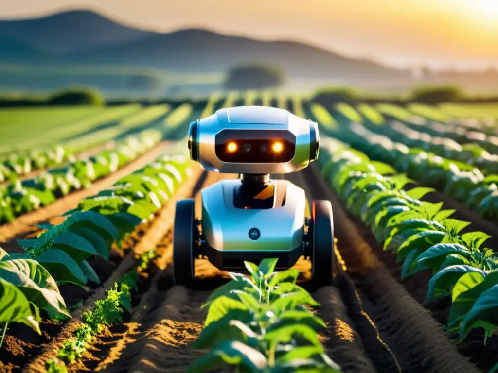 Robot agrícola futurista con inteligencia artificial trabajando en campo verde exuberante, revolucionando el cultivo agrícola