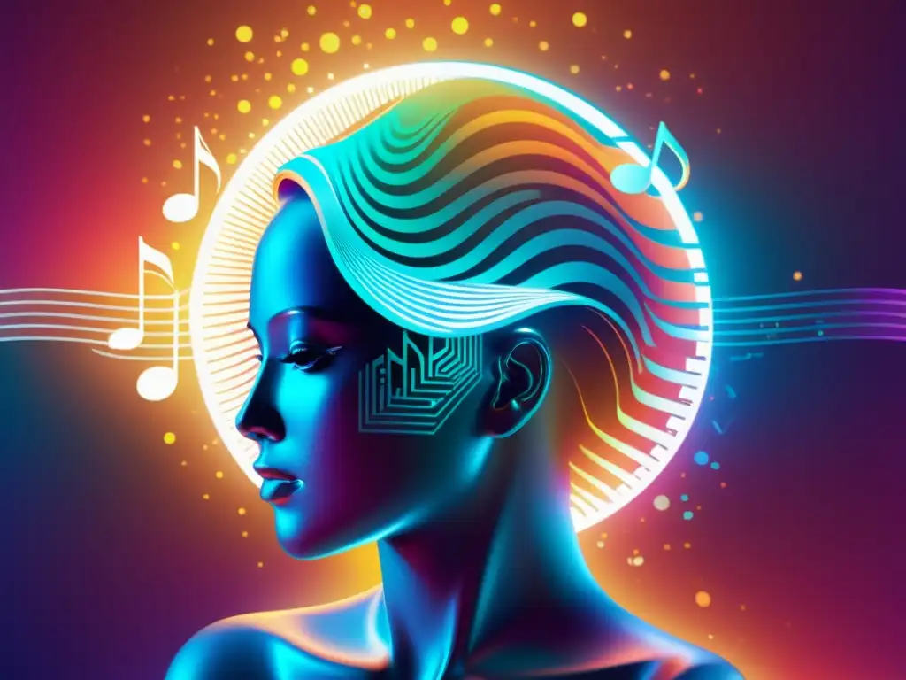 Una inteligencia artificial en composición musical, emitiendo poder creativo en un entorno futurista y colorido