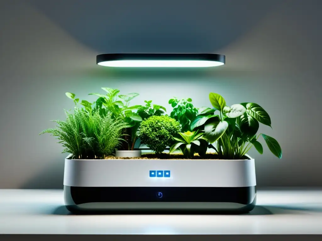 Un jardín inteligente con tecnología IoT integrado en un hogar minimalista y moderno, ilustrando la conveniencia y la innovación de la jardinería inteligente para el hogar moderno