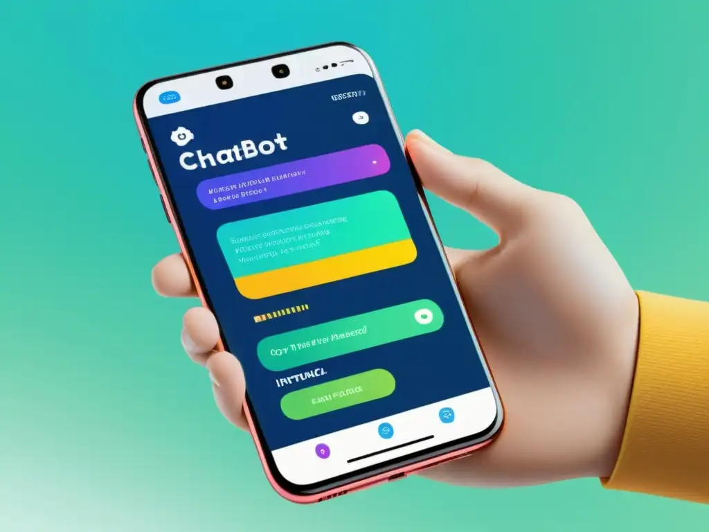 Interfaz de chatbot inteligente en smartphone con diseño vibrante y minimalista, brindando beneficios y desafíos de chatbots inteligentes