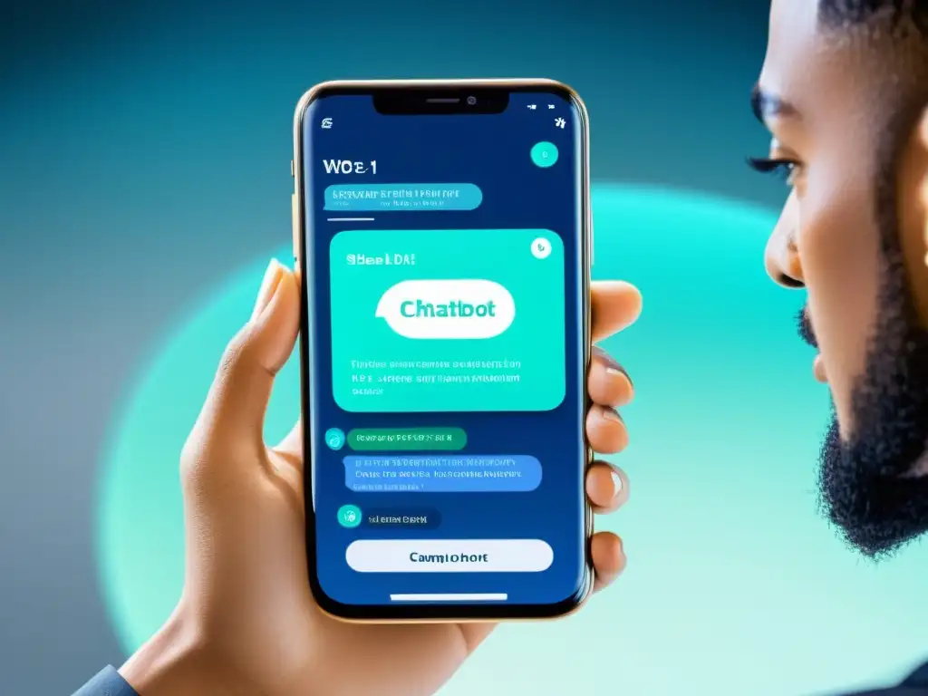 Interfaz de chatbot moderna en smartphone, con diseño minimalista y capacidades de procesamiento de lenguaje natural