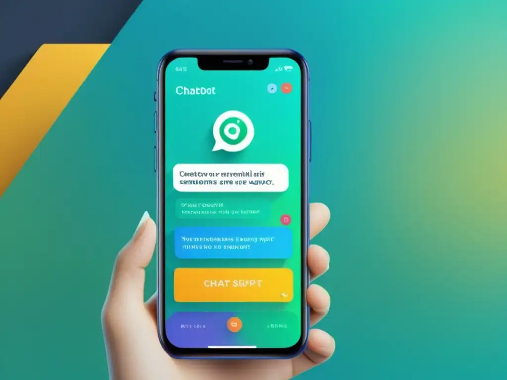 Interfaz de chatbot moderna en smartphone, con diseño minimalista y colores futuristas