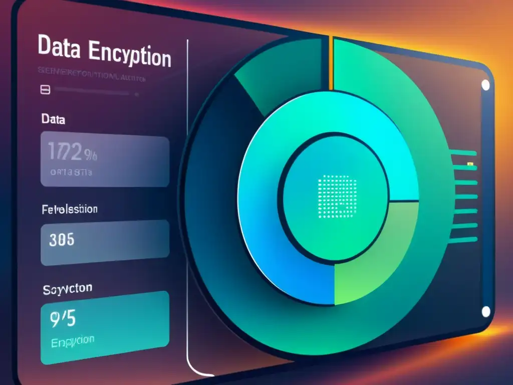 Interfaz de cifrado de datos futurista y minimalista con algoritmos avanzados y visualizaciones intricadas