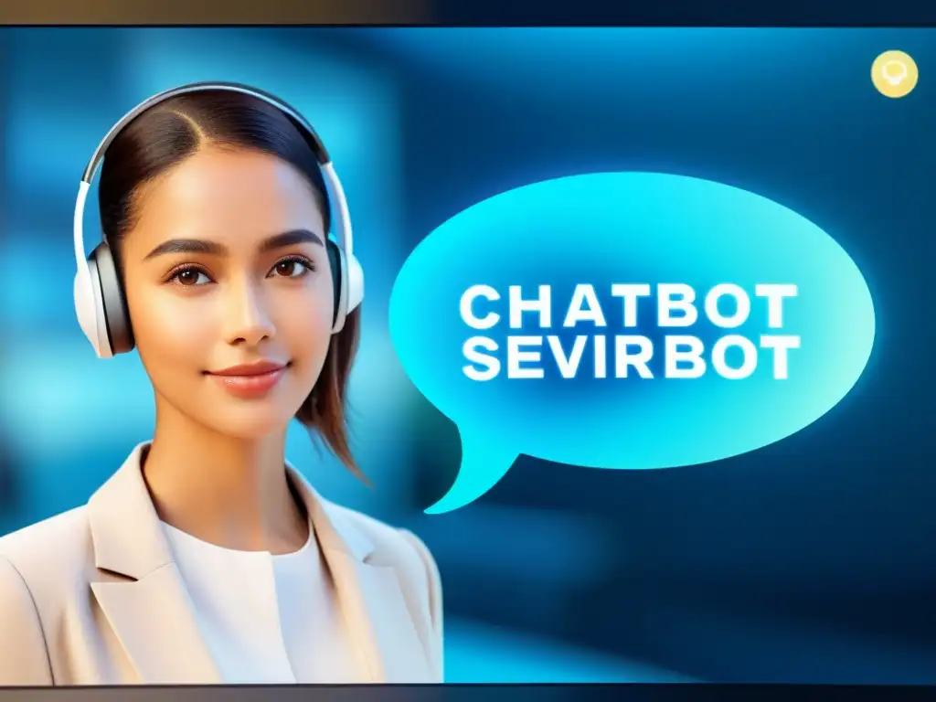 Interfaz futurista de chatbot inteligente en centro de servicio moderno, ejemplificando beneficios y desafíos de chatbots inteligentes