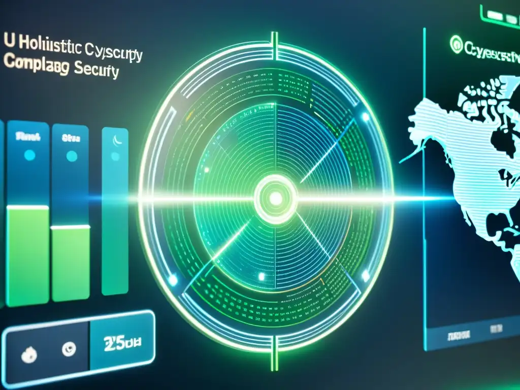 Interfaz futurista de ciberseguridad con códigos y gráficos holográficos en tonos azules y verdes, tecnología emergente