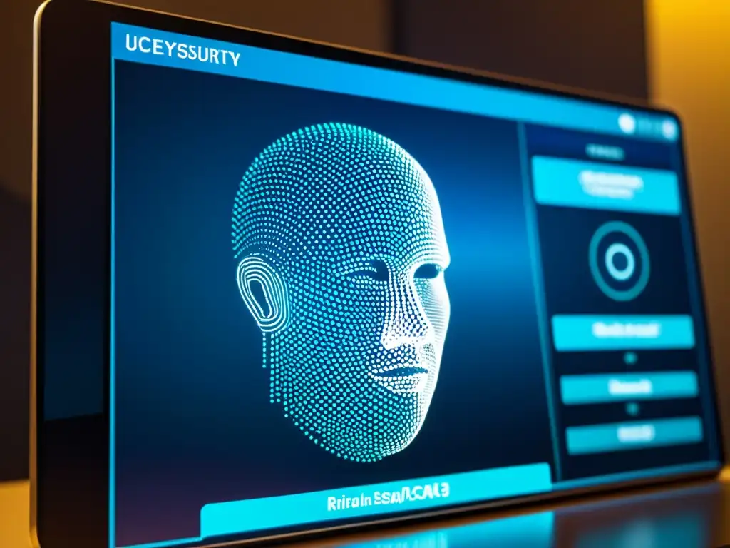 Interfaz futurista de ciberseguridad con diseño metálico y elementos biométricos avanzados como escaneo de retina, reconocimiento de huellas dactilares e identificación facial, mostrando visualizaciones de datos y algoritmos de encriptación