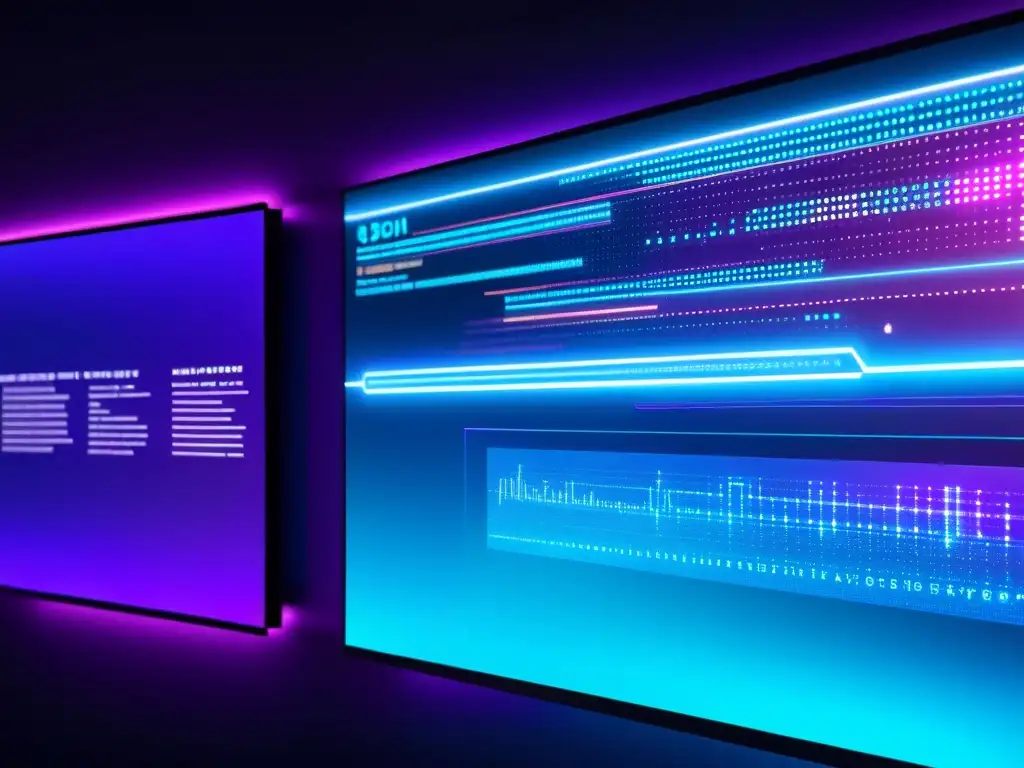 Interfaz futurista de ciberseguridad con gráficos holográficos en una habitación oscura iluminada por luces azules y moradas