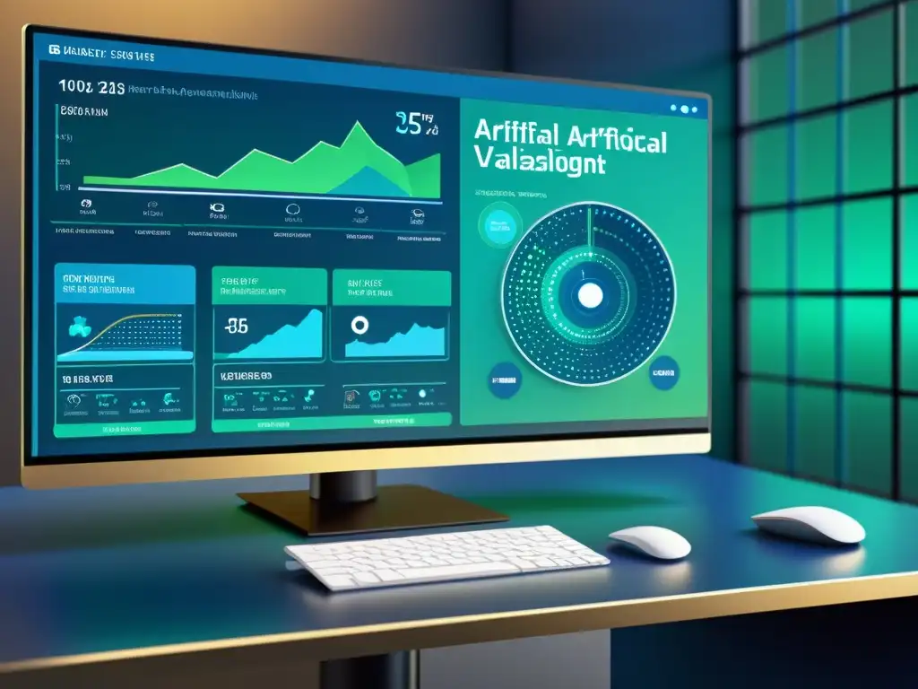 Interfaz futurista de computadora con algoritmos de inteligencia artificial y visualización de datos