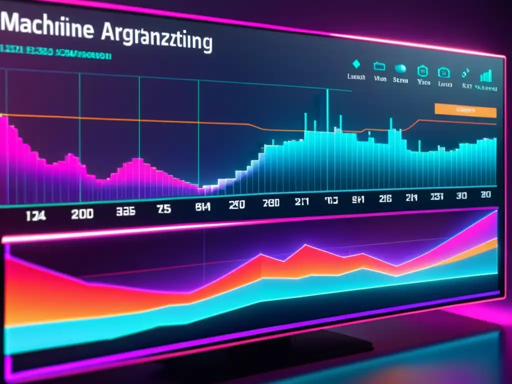 Una interfaz futurista de computadora muestra algoritmos y visualizaciones de datos, con gráficos y código de colores neón