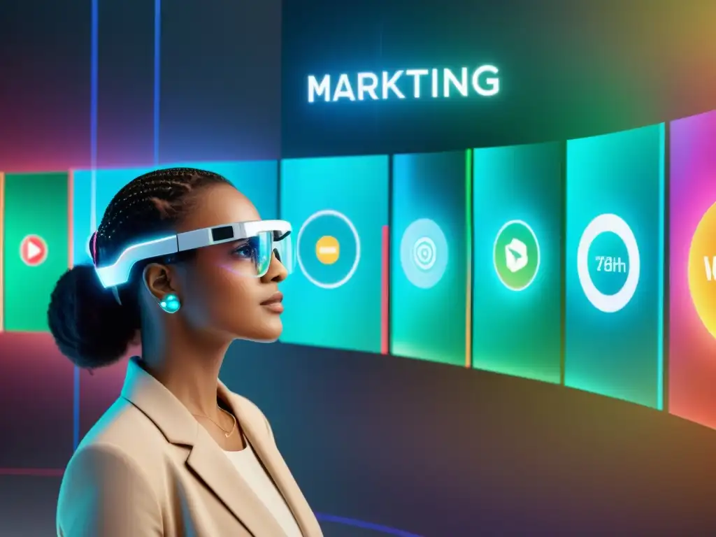 Interfaz holográfica futurista muestra datos de marketing personalizados a consumidores