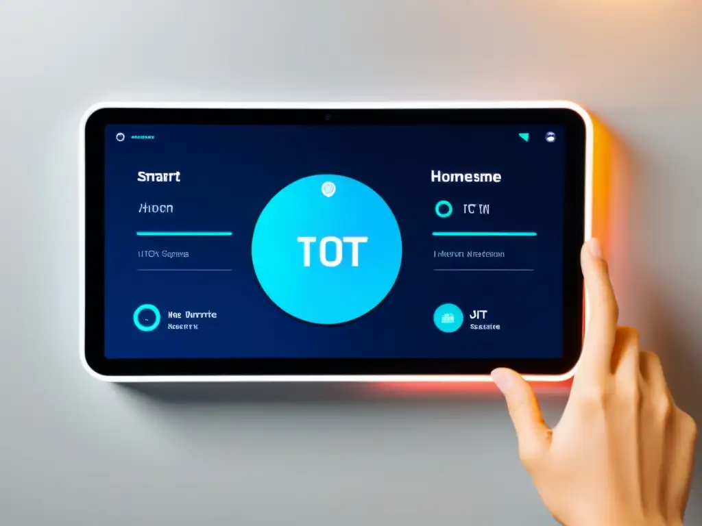 Interfaz domótica futurista mostrando dispositivos IoT con medidas avanzadas de seguridad