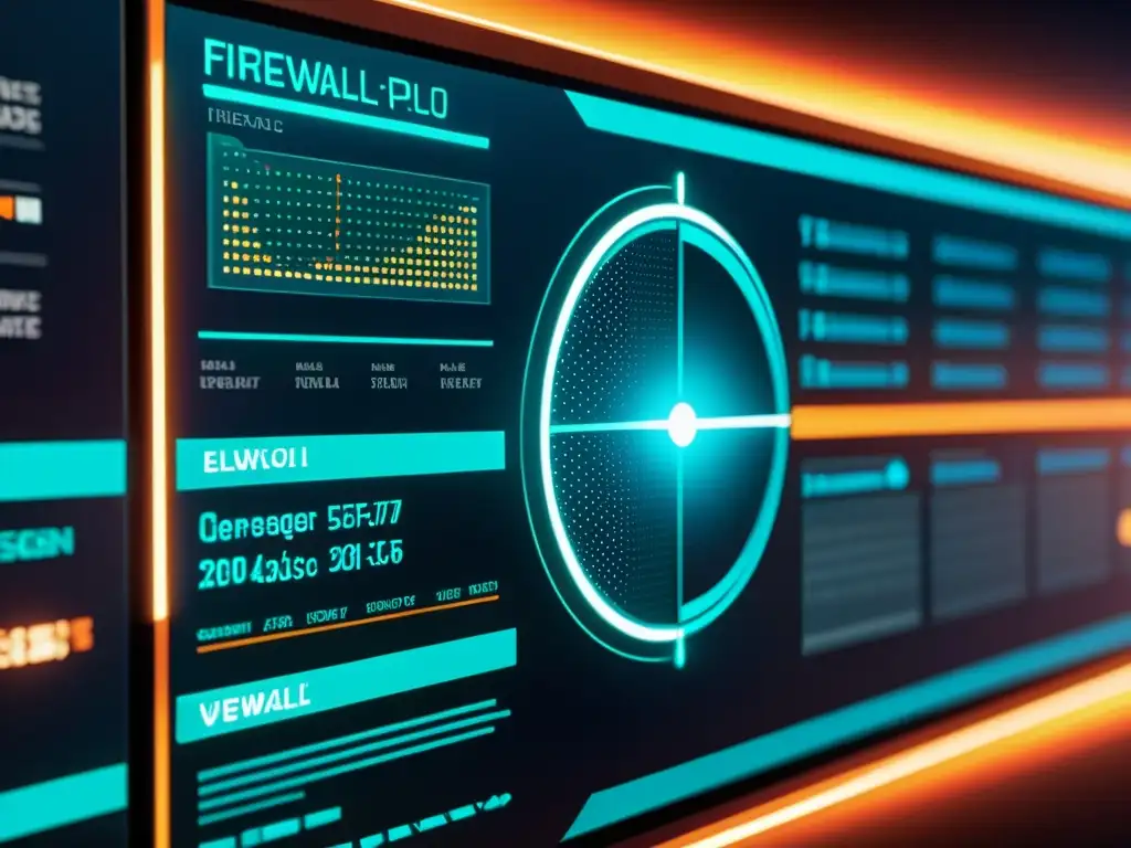 Interfaz futurista de firewall con avanzada seguridad y monitoreo de amenazas en infraestructura IT