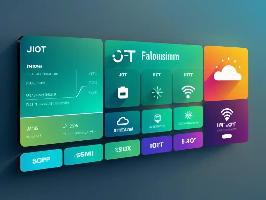 Una interfaz futurista de plataformas IoT con visualizaciones dinámicas y herramientas innovadoras