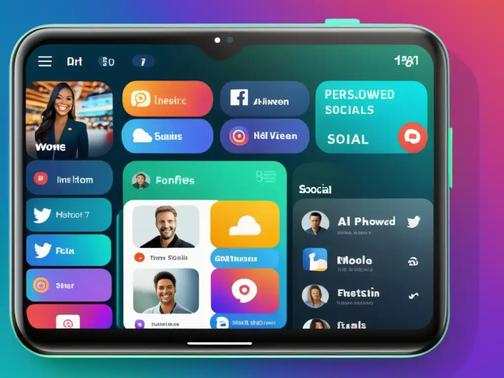 Interfaz futurista de redes sociales con influencia de IA, análisis de datos y recomendaciones personalizadas