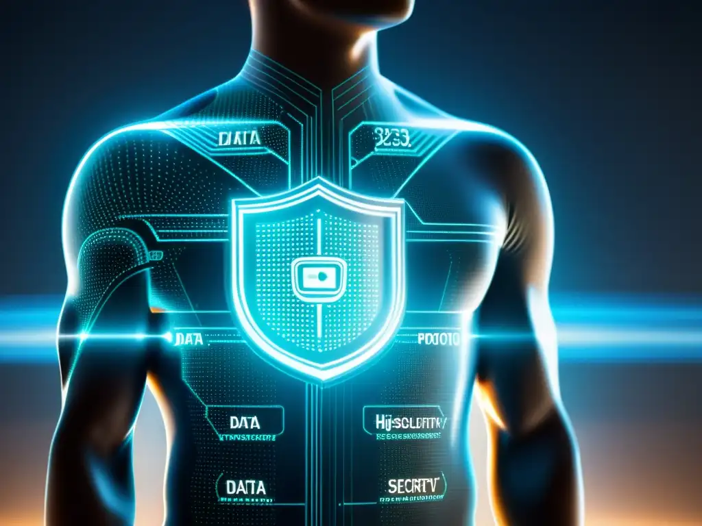 Interfaz futurista de seguridad de datos sobre cuerpo digital, destacando protección de datos sensibles en salud con tecnología de vanguardia
