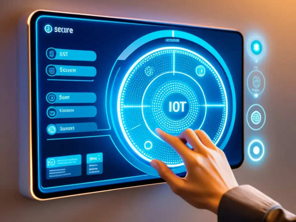 Interfaz futurista de IoT con seguridad, usuario interactuando con pantalla táctil