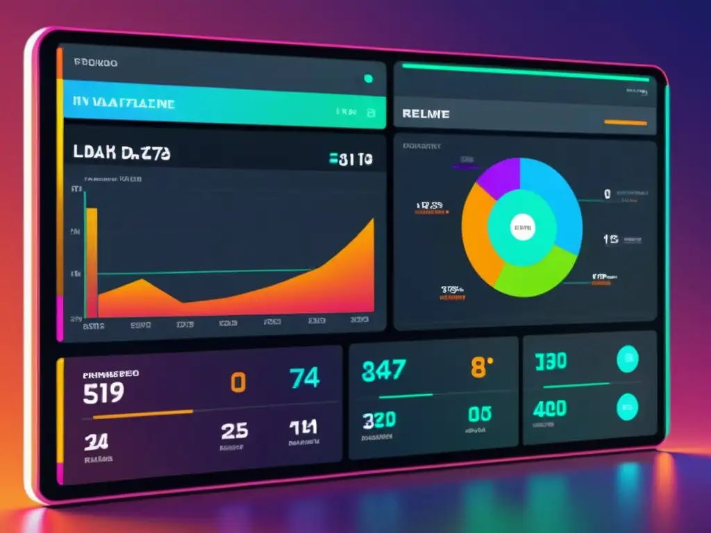 Interfaz futurista de tablero de control con aplicaciones de inteligencia artificial predictiva, visualización de datos en tiempo real y colores vibrantes