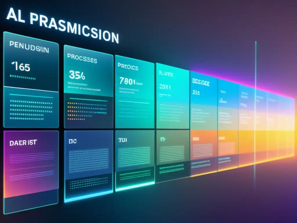 Interfaz futurista de IA con transparencia en decisiones, mostrando datos y algoritmos en visualizaciones modernas y dinámicas