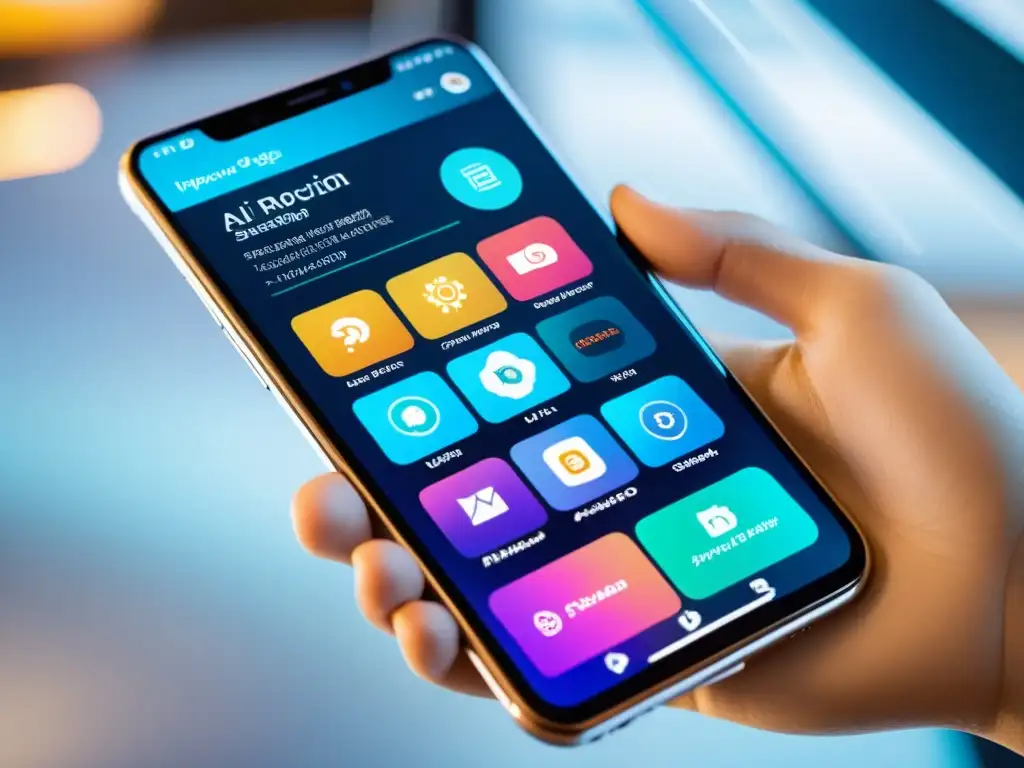 Interfaz de IA futurista en pantalla de smartphone con las mejores aplicaciones de inteligencia artificial