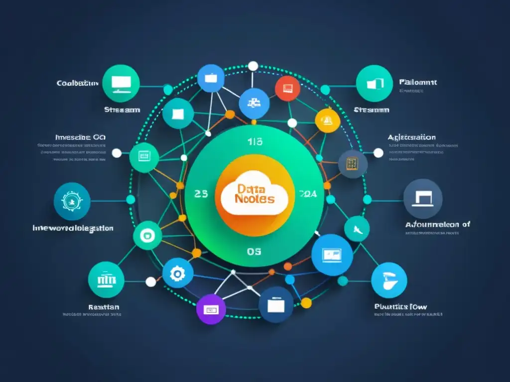 Una interfaz moderna muestra una red de nodos interconectados y flujos de datos, representando la integración y colaboración de diversas plataformas inteligentes de desarrollo de aplicaciones