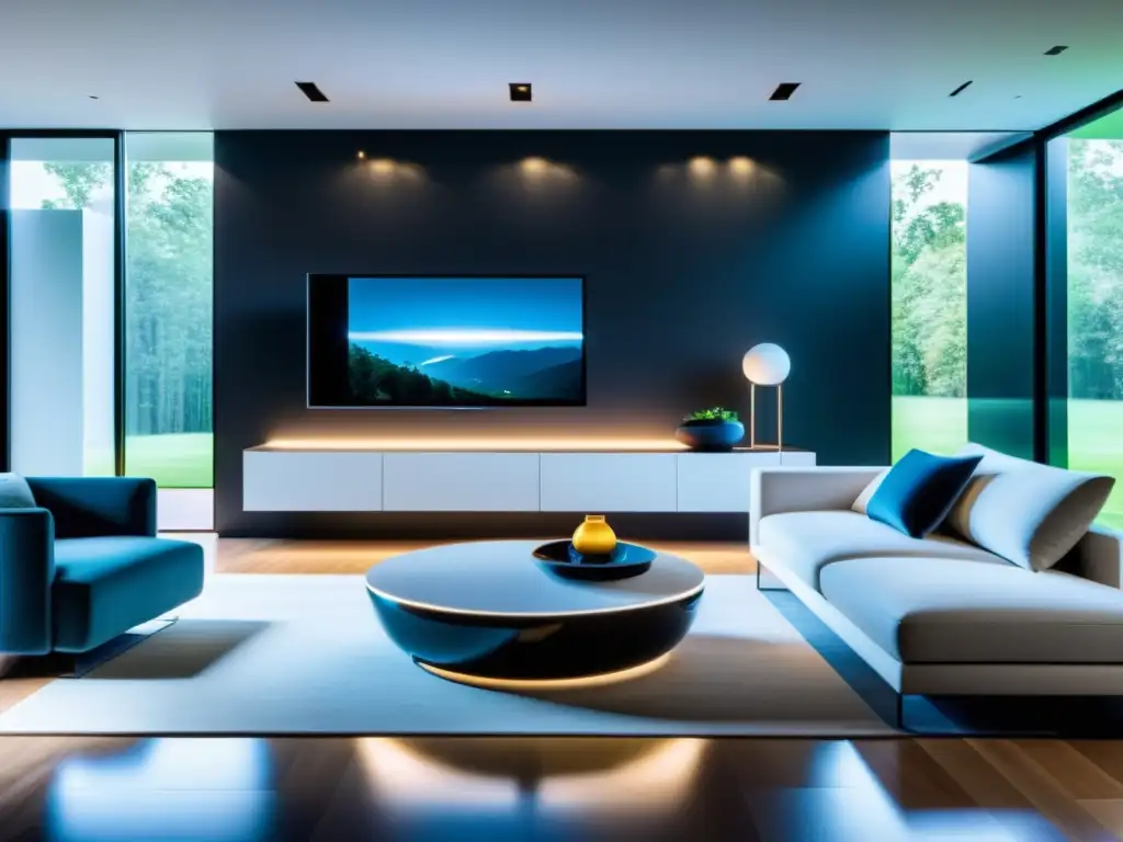 Interior de casa inteligente futurista con IA, control por voz, clima automatizado y diseño minimalista