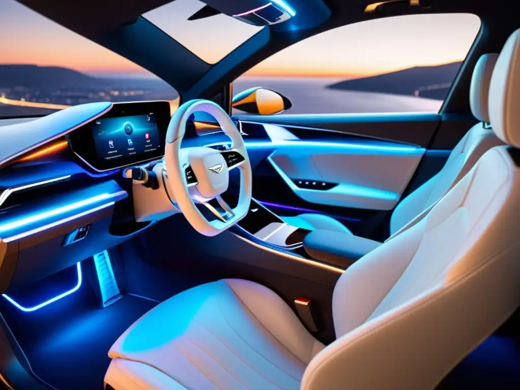 Interior de coche moderno con pantalla futurista mostrando características de vehículo conectado y el impacto del 5G en automóviles conectados