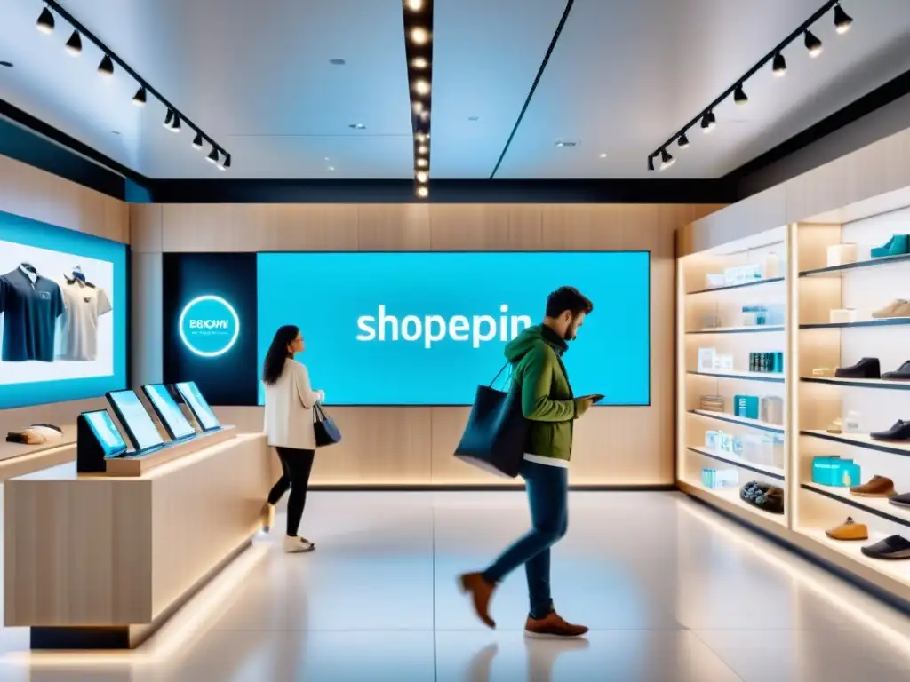 Interior moderno de tienda con experiencias personalizadas en retail IoT, clientes interactúan con dispositivos inteligentes y pantallas digitales