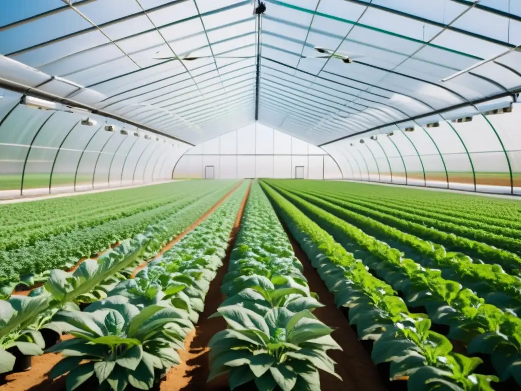Granja futurista: tecnología y naturaleza en armonía Un invernadero futurista con cultivos y tecnología robótica, drones y sistemas de riego automáticos