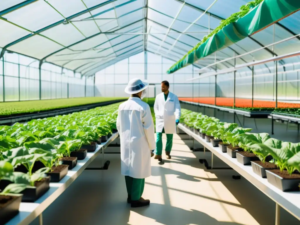 Innovación agrícola: Invernadero futurista y agricultura sostenible Un invernadero futurista con cultivos vibrantes y robots trabajando, científicos supervisan la integración de IA en la agricultura sostenible