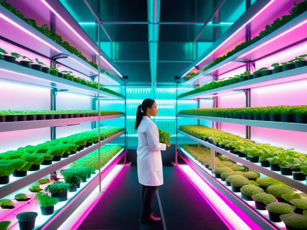 Un invernadero vertical futurista con verduras y hierbas creciendo bajo luces LED rosadas, supervisado por tecnología AI