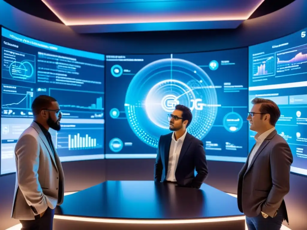 Investigadores y ingenieros discuten planos y diagramas para la infraestructura 5G rodeados de dispositivos IoT