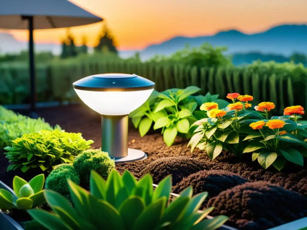 Un jardín moderno con exuberante vegetación y flores vibrantes, donde la tecnología IoT se integra perfectamente