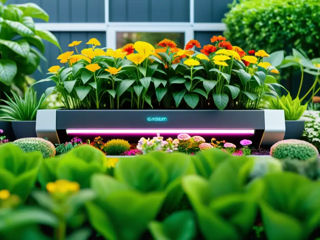 Jardinería inteligente con tecnología IoT: Un jardín exuberante y vibrante, integrando dispositivos inteligentes en armonía con la naturaleza