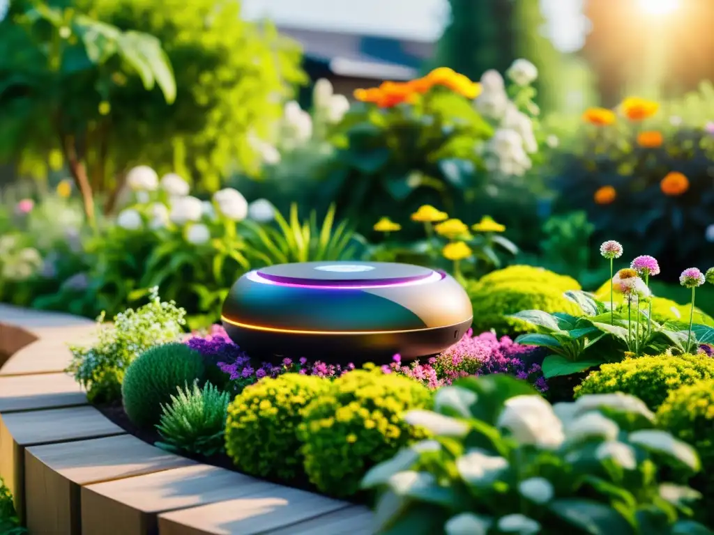 Jardinería inteligente con tecnología IoT: Un jardín exuberante con flores vibrantes, verdor exuberante y dispositivos IoT integrados