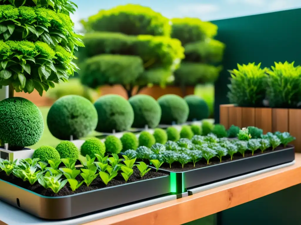 Jardinería inteligente con tecnología IoT: Un jardín moderno teeming con plantas saludables y tecnología integrada