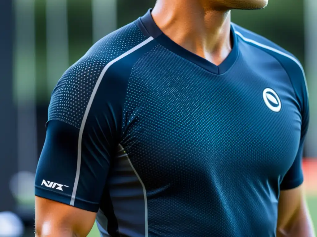 Un jersey deportivo de nanofibras de alta tecnología resalta los beneficios de la nanotecnología en deporte con nanoestructuras que mejoran la transpirabilidad, absorción de humedad y soporte muscular, luciendo brillante bajo la iluminación especial, en acción con un atleta profesional