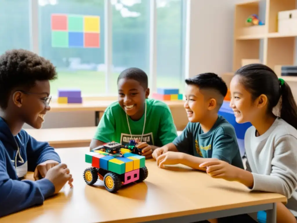 Jóvenes estudiantes construyendo robots con bloques coloridos y componentes electrónicos, creando un ambiente dinámico de aprendizaje y creatividad