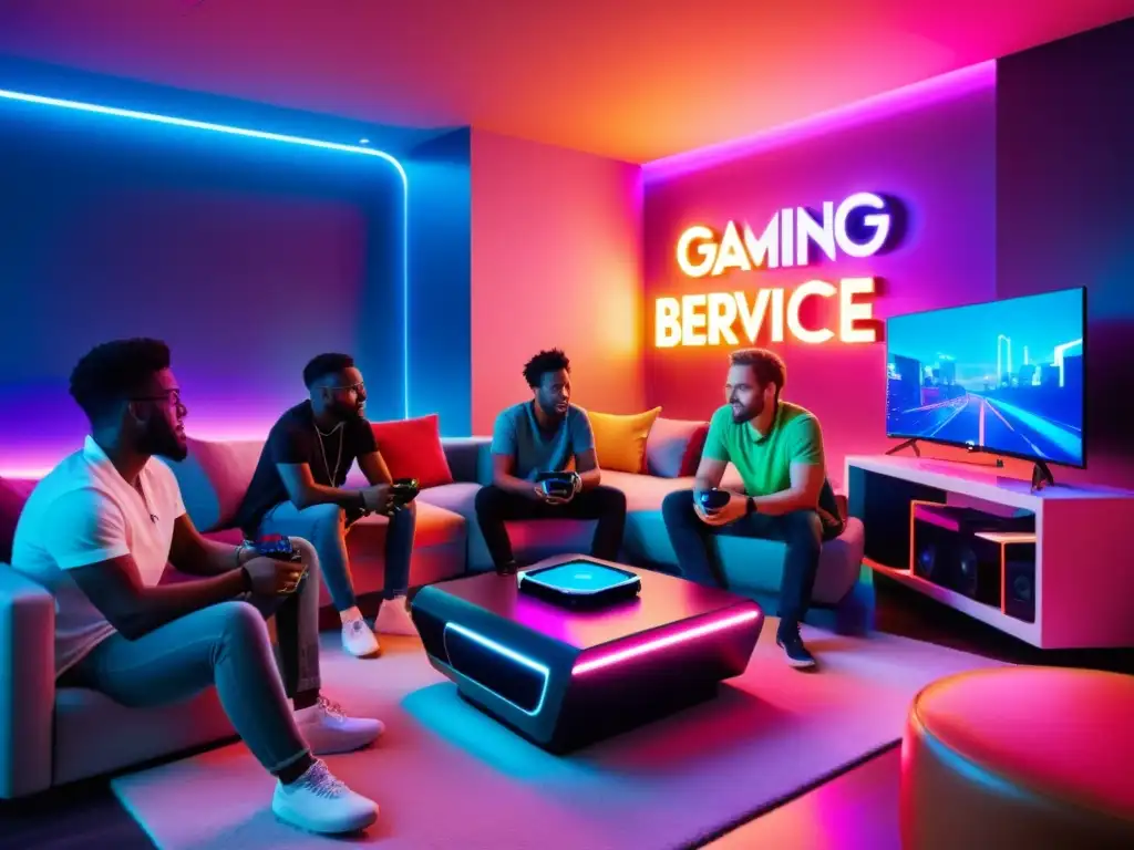 Jóvenes disfrutan de sesión de gaming en sala futurista, destacando la convergencia IoT y Gaming en un ambiente vibrante y moderno