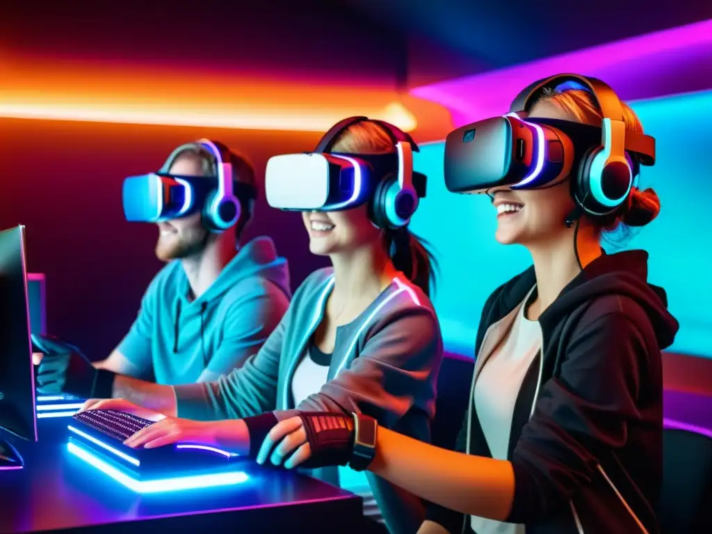 Jóvenes jugadores inmersos en un mundo de realidad virtual futurista, mostrando las tendencias emergentes en juegos IoT