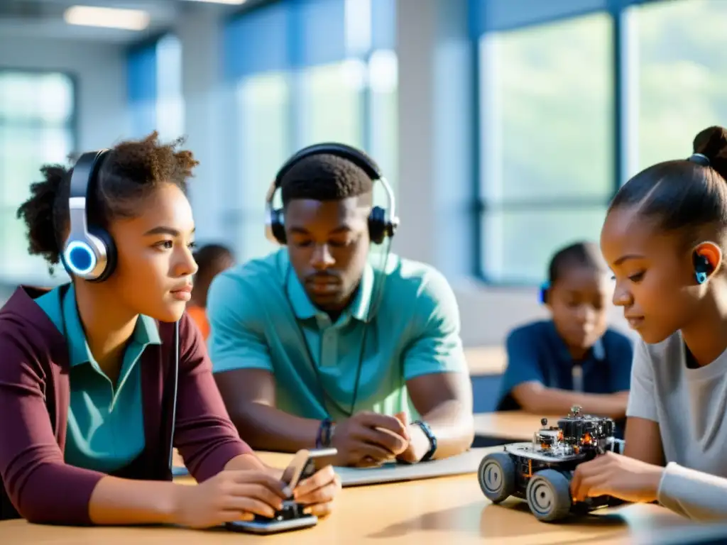 Jóvenes líderes inmersos en la robótica educativa, colaborando en un proyecto futurista con determinación en un aula vanguardista