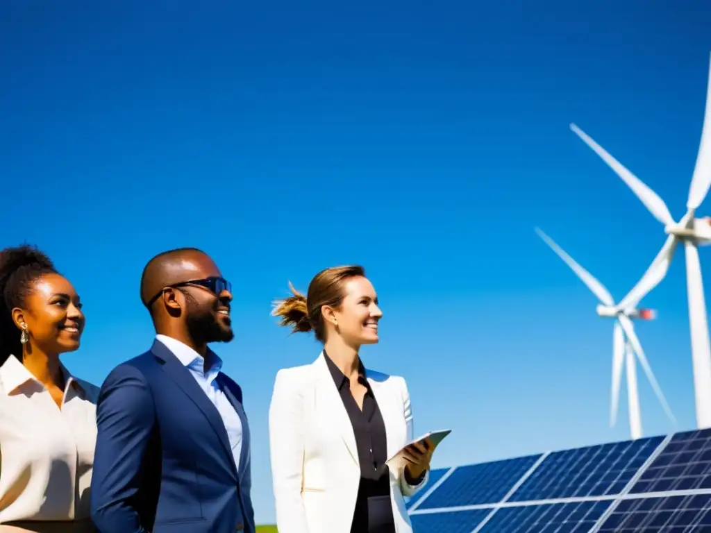 Jóvenes líderes en trajes de negocios discuten frente a paneles solares y turbinas eólicas, transmitiendo pasión por la educación energía sostenible líderes verdes