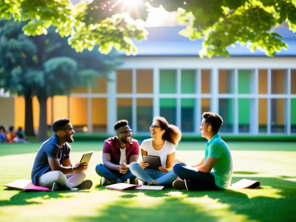 Jóvenes colaborando en un proyecto al aire libre en un campus universitario, rodeados de naturaleza