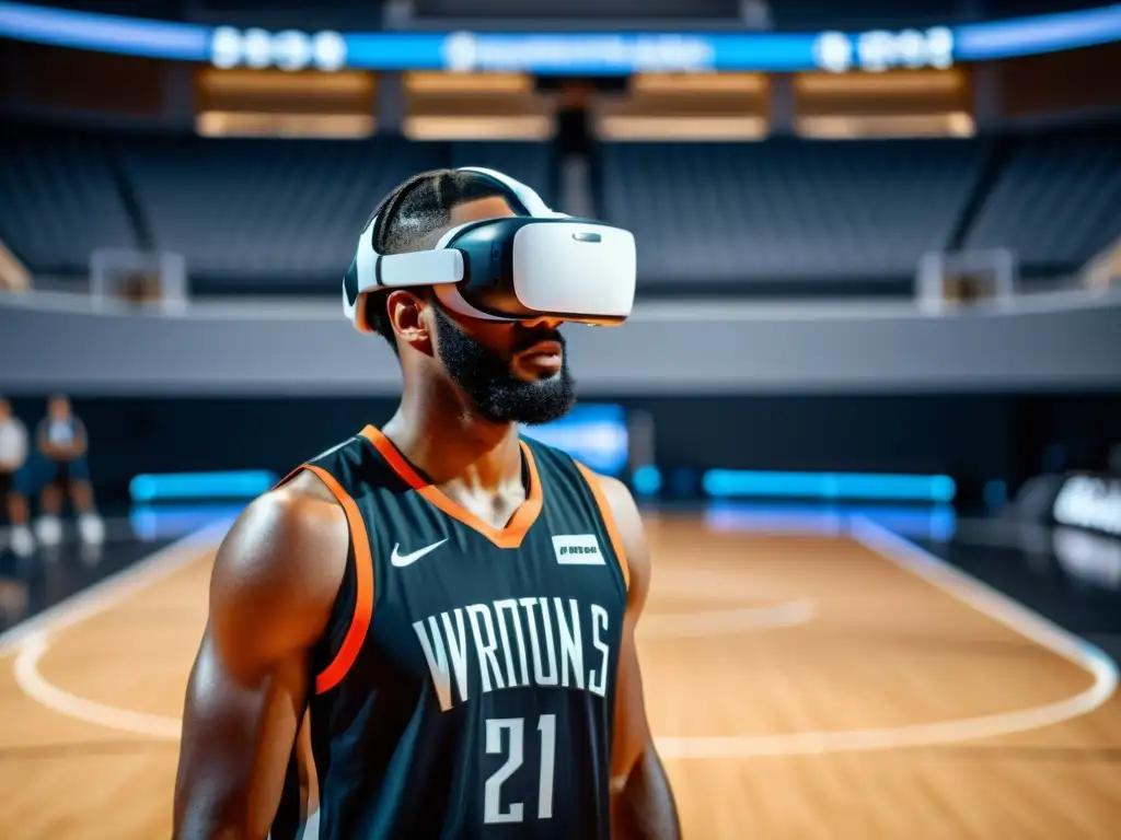 Un jugador de baloncesto profesional usando un auricular de realidad virtual en una cancha futurista, resaltando el impacto de la realidad virtual en deportes