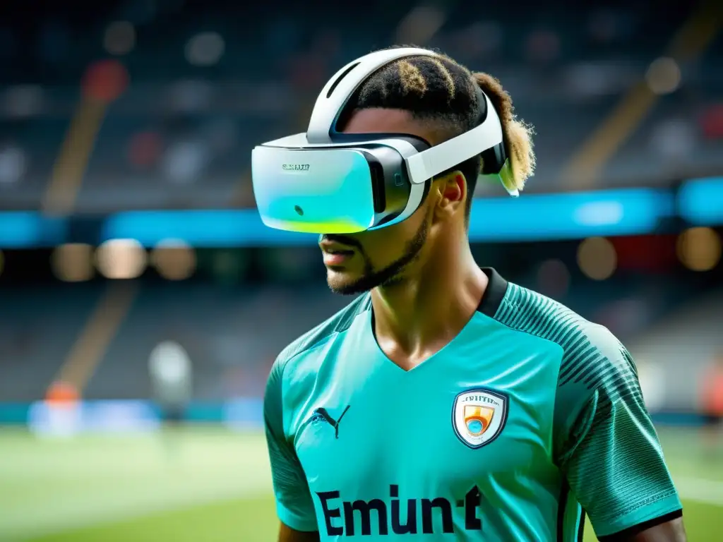 Un jugador de fútbol profesional usa un visor de realidad virtual en un campo digital