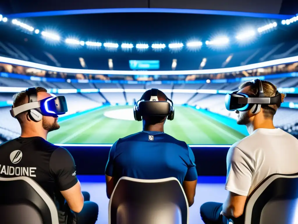 Dos jugadores compiten en un estadio virtual de deportes en VR, con una arquitectura futurista y una energía emocionante