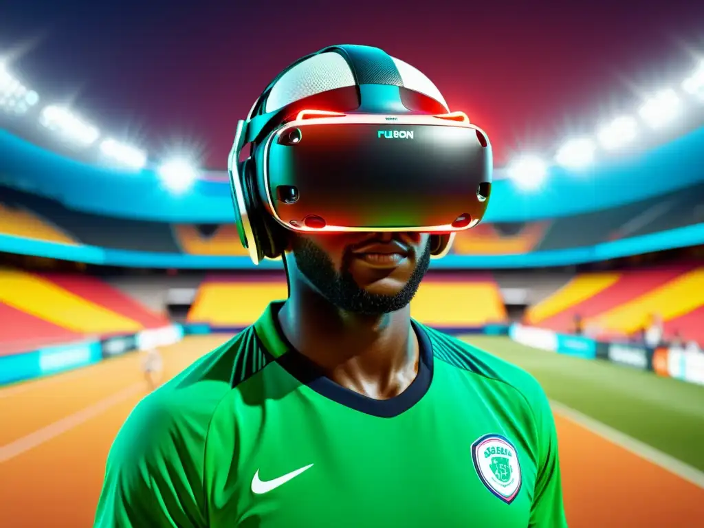 Jugadores de fútbol inmersos en la realidad virtual, mostrando el impacto de la realidad virtual en deportes con tecnología avanzada y escena dinámica