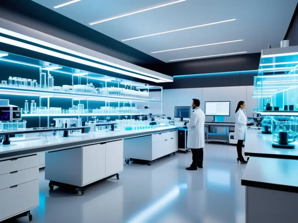 Un laboratorio farmacéutico moderno con científicos en batas blancas utilizando equipos de Inteligencia Artificial para descubrimiento farmacéutico