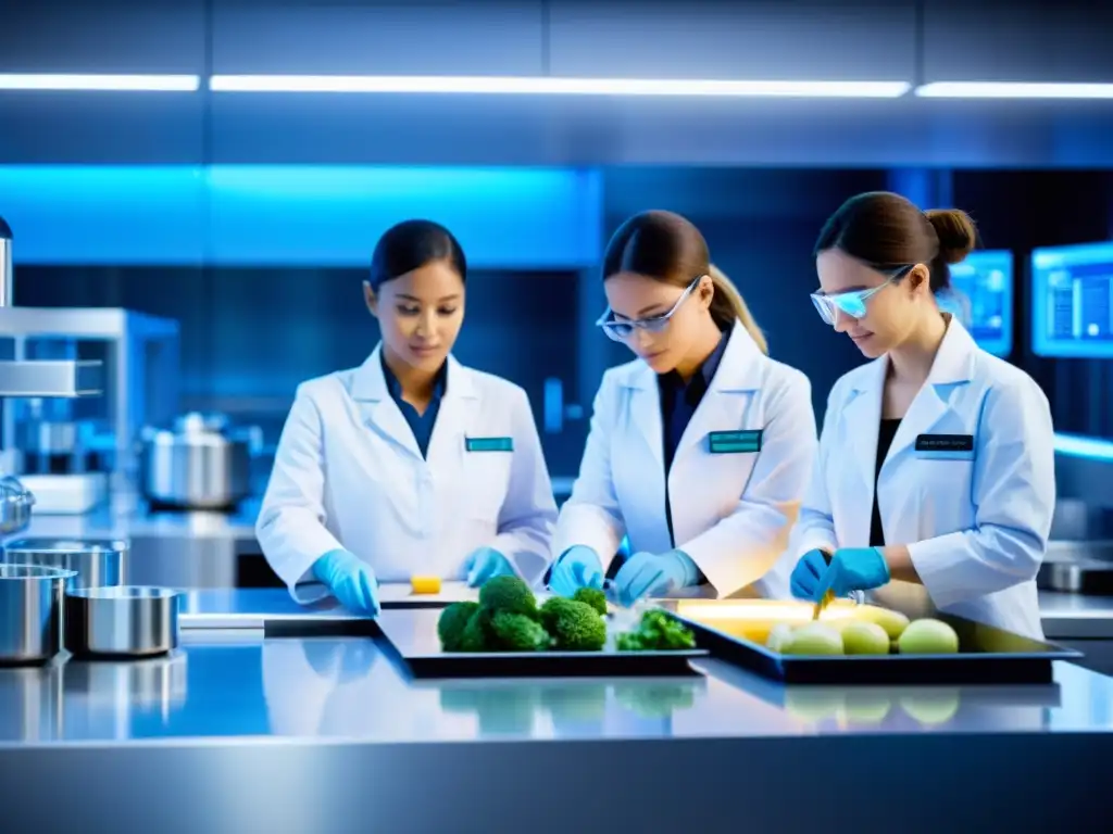 Un laboratorio futurista de alimentos con científicos trabajando en innovaciones, reflejando startups de alimentos innovadores