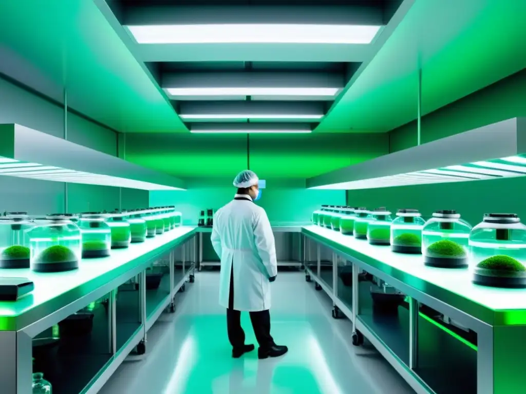 Un laboratorio futurista con bioreactores y científicos cultivando carne en laboratorio, transmitiendo tecnología de vanguardia y sostenibilidad